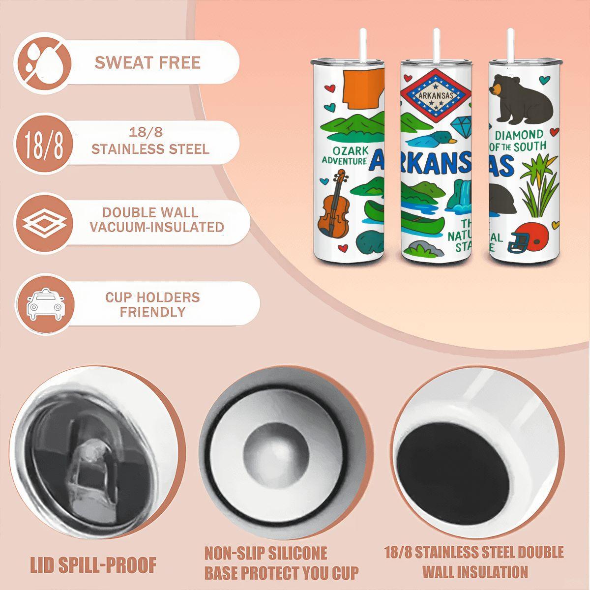 ColorFlow | Arkansas Adventure Tumbler | The Natural State Stainless Steel Cup | 20oz Insulated Travel Mug with Straw