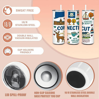 ColorFlow | Connecticut Coastal Charm Tumbler | Constitution State Stainless Steel Cup | 20oz Insulated Travel Mug