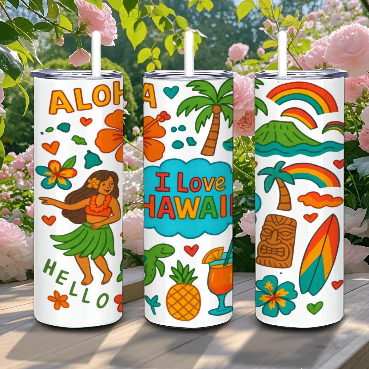 ColorFlow | Hawaii Aloha Tumbler | Tropical Island Stainless Steel Cup | 20oz Insulated Travel Mug with Straw