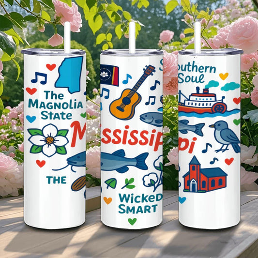 ColorFlow | Mississippi Magnolia State Tumbler | Southern Soul | 20oz Stainless Steel Travel Mug with Straw