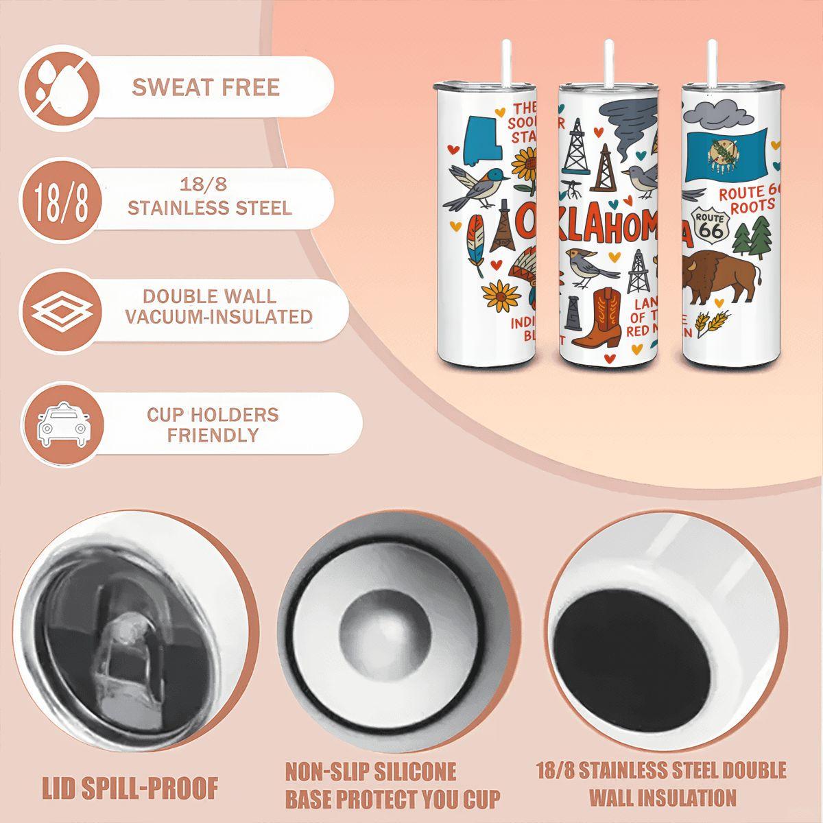 ColorFlow | Oklahoma State Pride 20oz Stainless Steel Tumbler with Straw | Route 66 Travel Mug | Sooner State Gift Cup