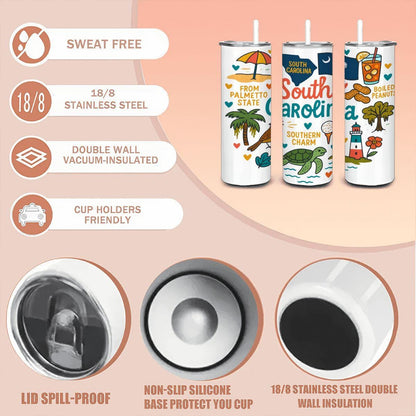 ColorFlow | South Carolina State Pride 20oz Stainless Steel Tumbler with Straw | Palmetto State Travel Mug Gift