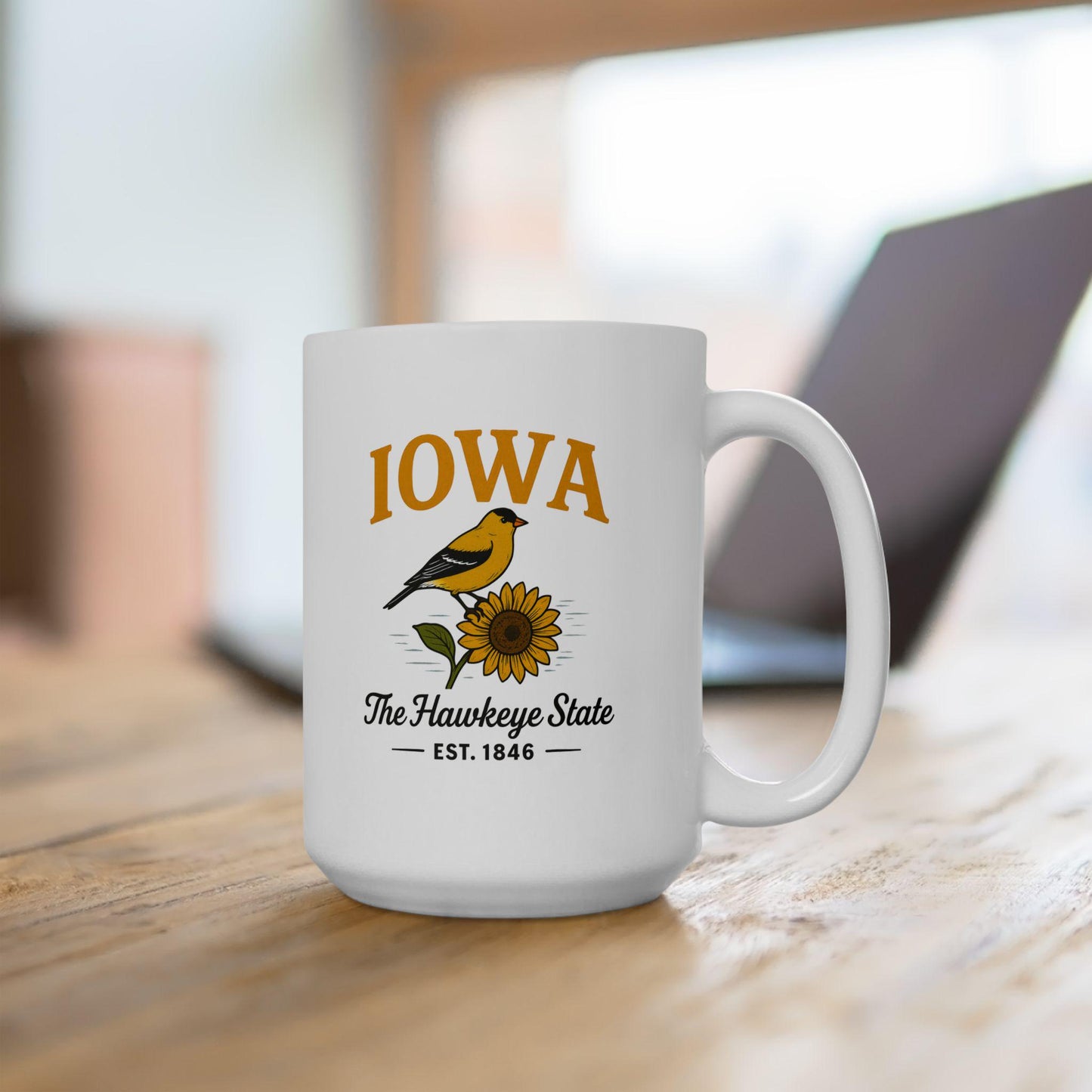 ColorFlow | Iowa The Hawkeye State Mug | Goldfinch Sunflower Coffee Cup | 15oz Ceramic Nature Gift
