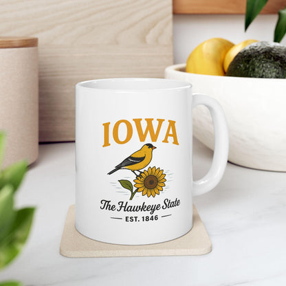 ColorFlow | Iowa The Hawkeye State Mug | Goldfinch Sunflower Coffee Cup | 15oz Ceramic Nature Gift