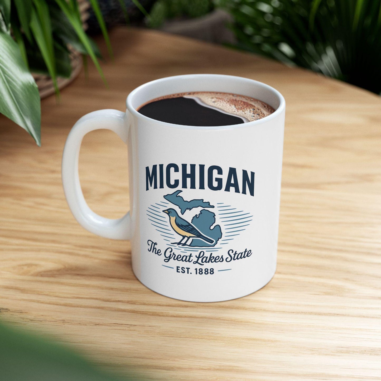 ColorFlow | Michigan The Great Lakes State Mug | 15oz Ceramic Coffee Cup | State Pride Gift | Bird and Lake Design