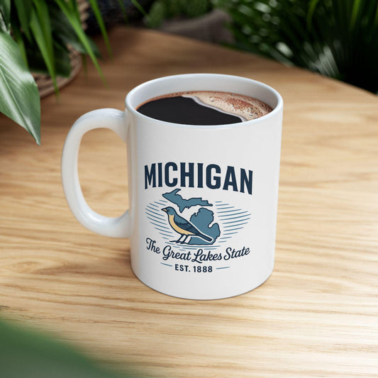 ColorFlow | Michigan The Great Lakes State Mug | 15oz Ceramic Coffee Cup | State Pride Gift | Bird and Lake Design