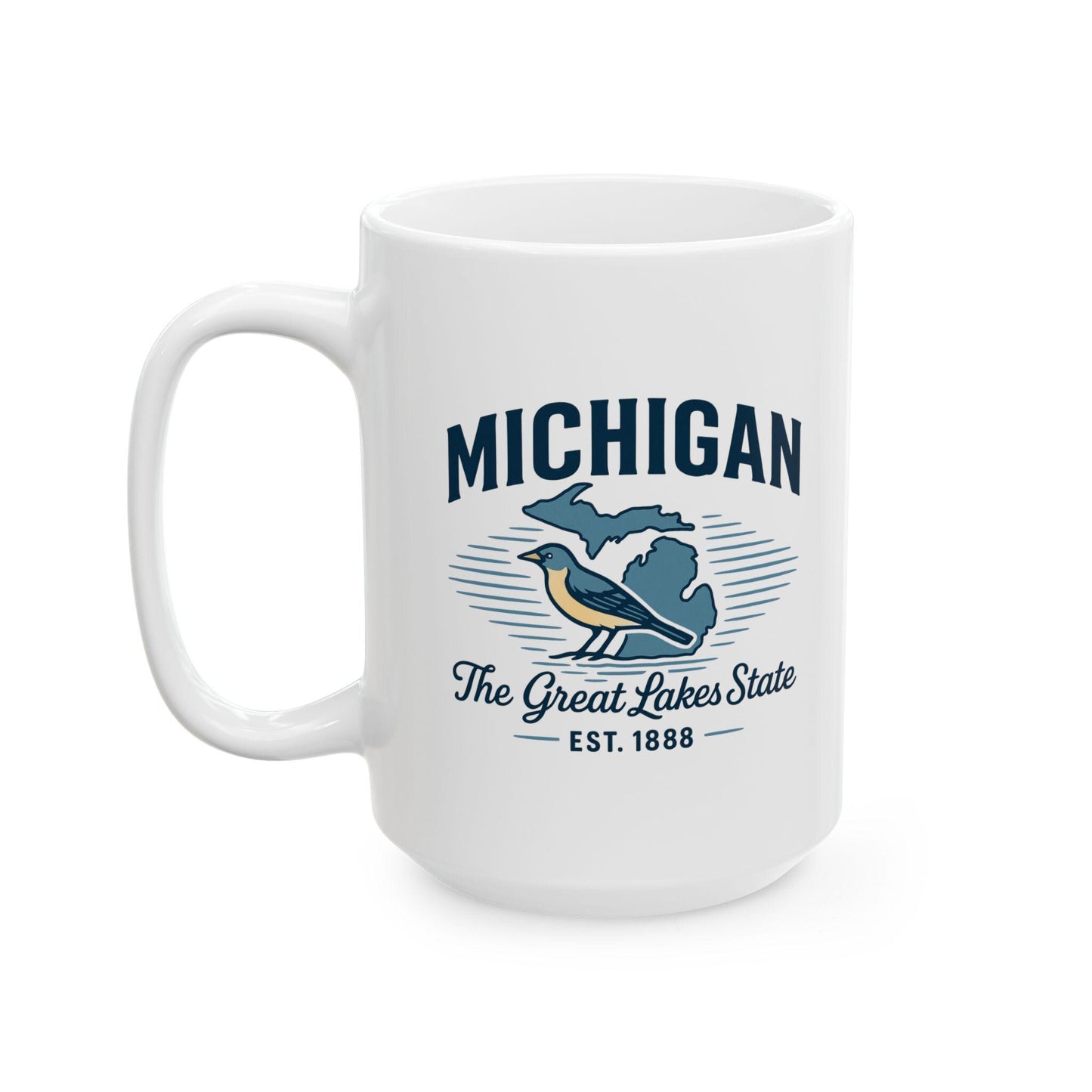 ColorFlow | Michigan The Great Lakes State Mug | 15oz Ceramic Coffee Cup | State Pride Gift | Bird and Lake Design