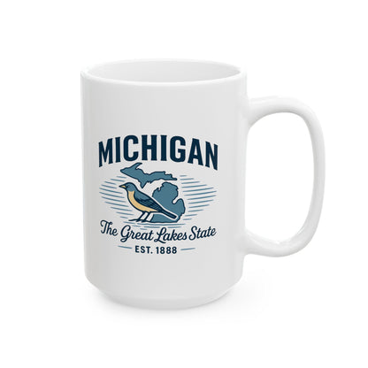 ColorFlow | Michigan The Great Lakes State Mug | 15oz Ceramic Coffee Cup | State Pride Gift | Bird and Lake Design