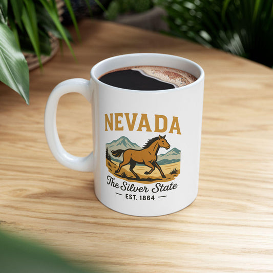 ColorFlow | Nevada The Silver State Mug | 15oz Ceramic Coffee Cup | Wild Horse Design | Western State Gift