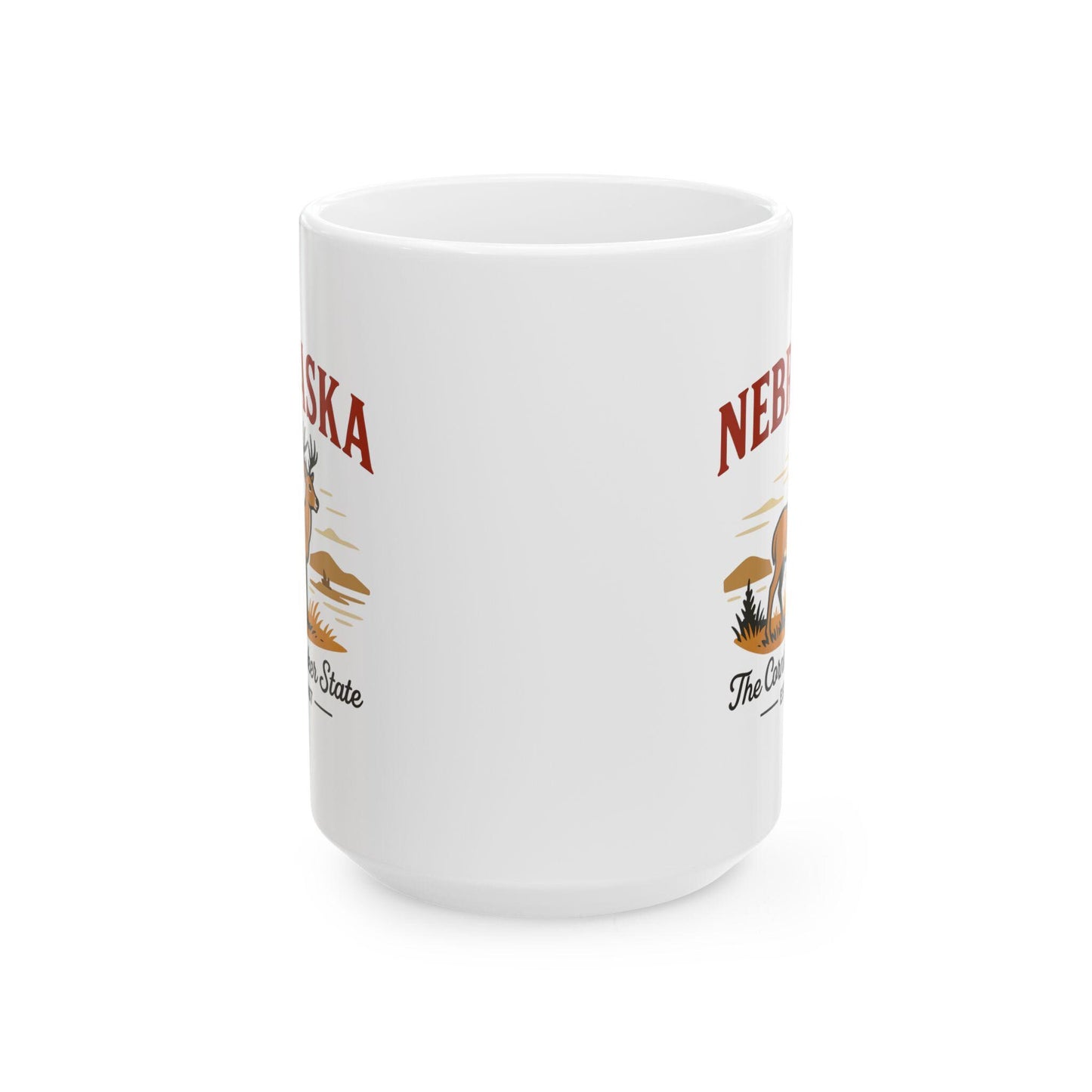 ColorFlow | Nebraska The Cornhusker State Mug | 15oz Ceramic Coffee Cup | Deer and Prairie Design | Midwest Gift