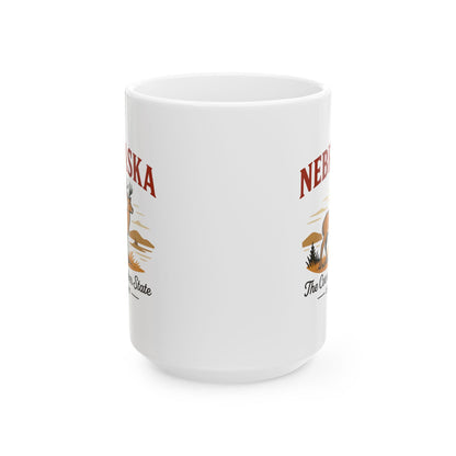 ColorFlow | Nebraska The Cornhusker State Mug | 15oz Ceramic Coffee Cup | Deer and Prairie Design | Midwest Gift