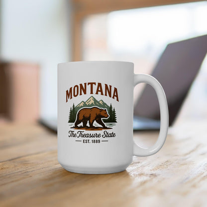 ColorFlow | Montana The Treasure State Mug | 15oz Ceramic Coffee Cup | Bear and Mountain Design | Adventure Gift