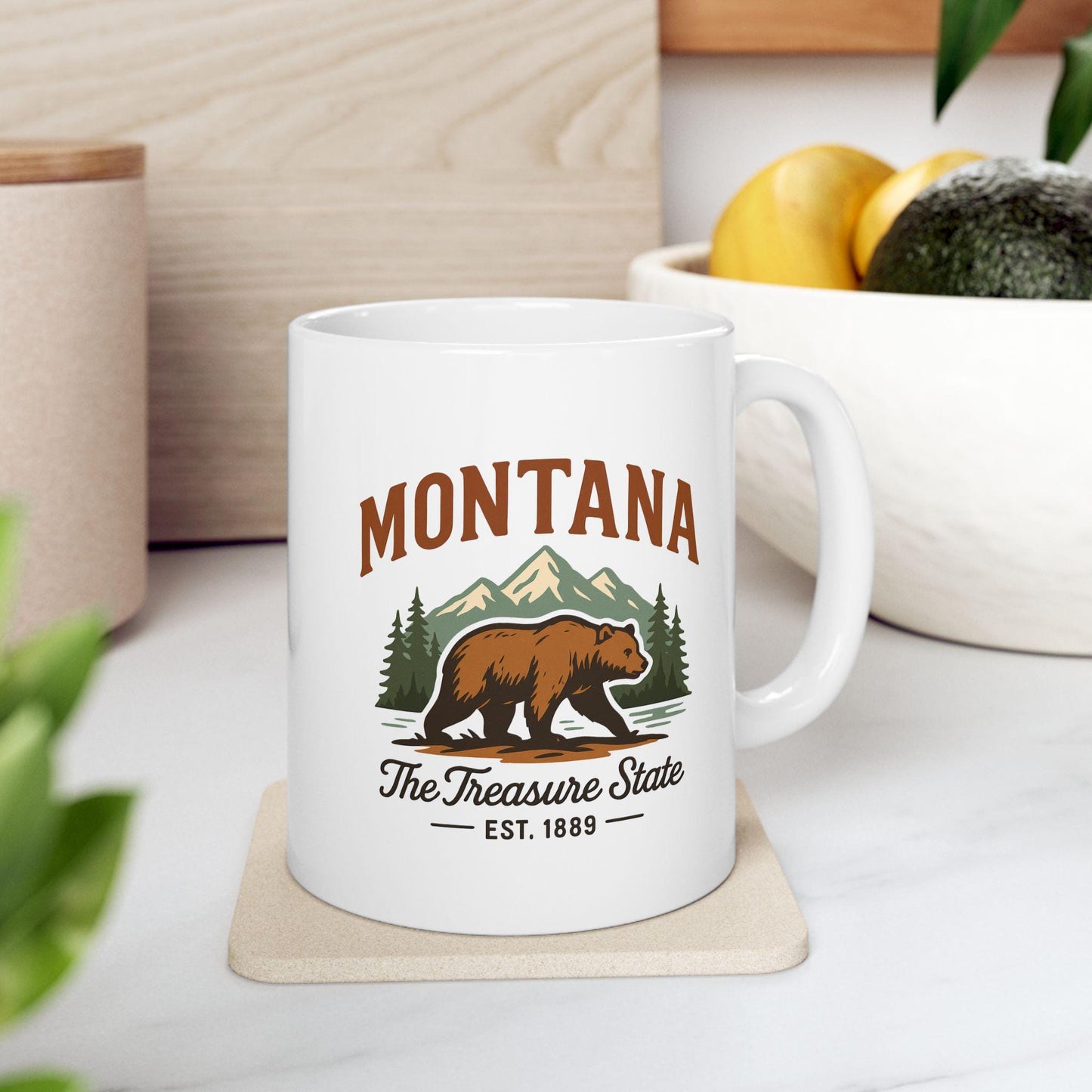 ColorFlow | Montana The Treasure State Mug | 15oz Ceramic Coffee Cup | Bear and Mountain Design | Adventure Gift