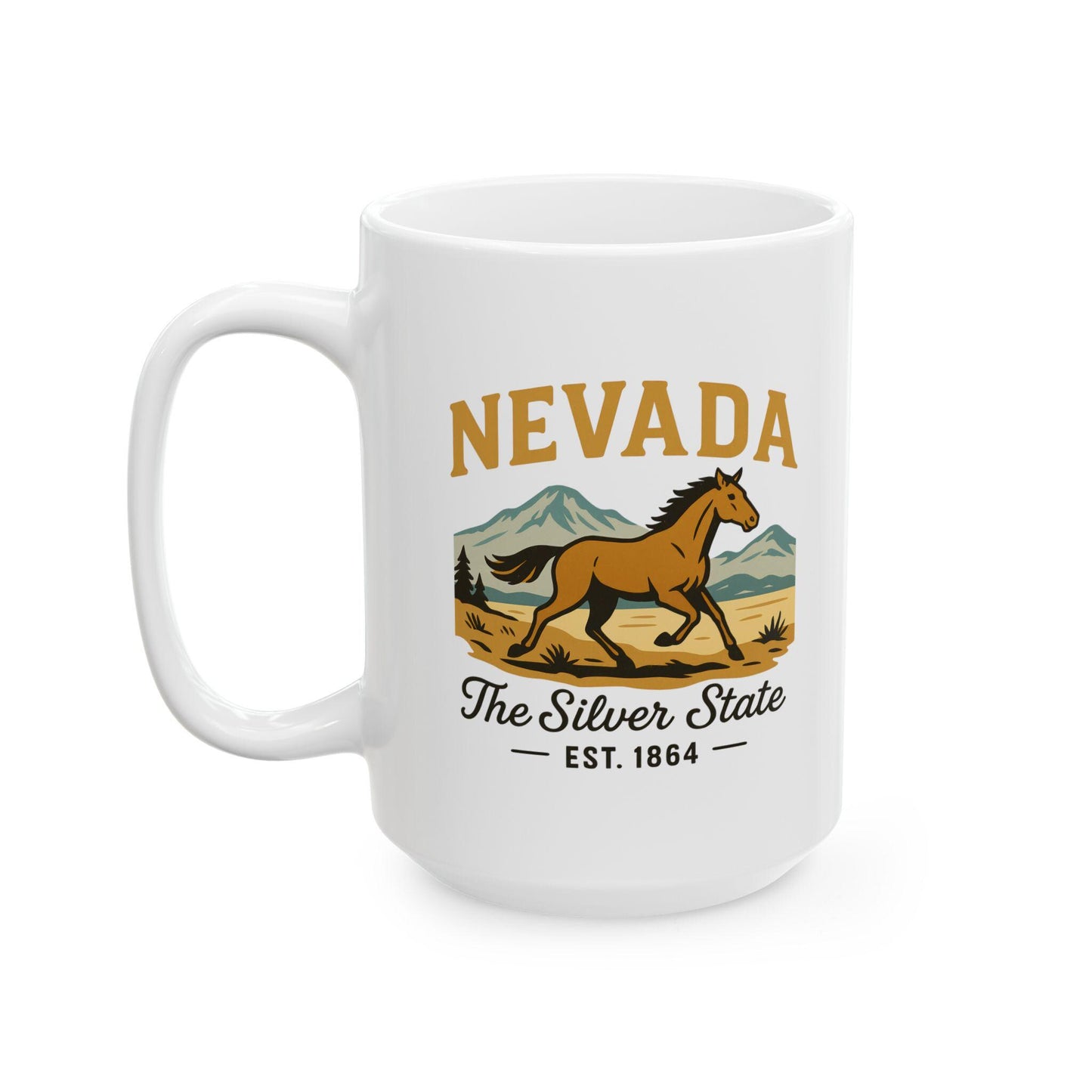 ColorFlow | Nevada The Silver State Mug | 15oz Ceramic Coffee Cup | Wild Horse Design | Western State Gift