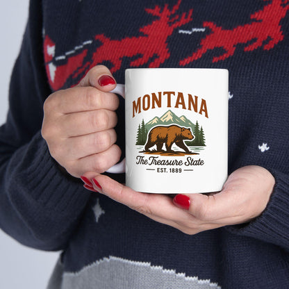 ColorFlow | Montana The Treasure State Mug | 15oz Ceramic Coffee Cup | Bear and Mountain Design | Adventure Gift