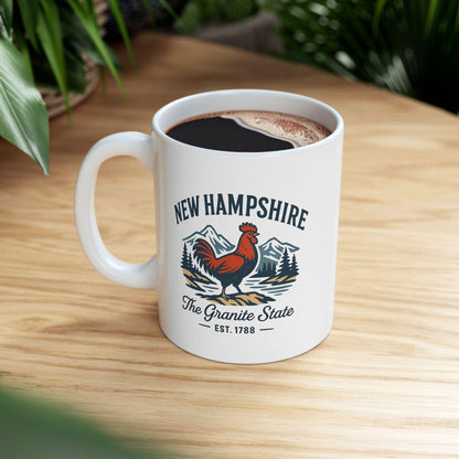 ColorFlow | New Hampshire The Granite State Mug | 15oz Ceramic Coffee Cup | Rooster and Mountain Design | New England Gift