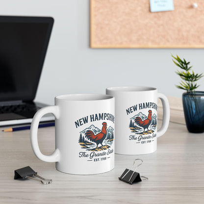 ColorFlow | New Hampshire The Granite State Mug | 15oz Ceramic Coffee Cup | Rooster and Mountain Design | New England Gift