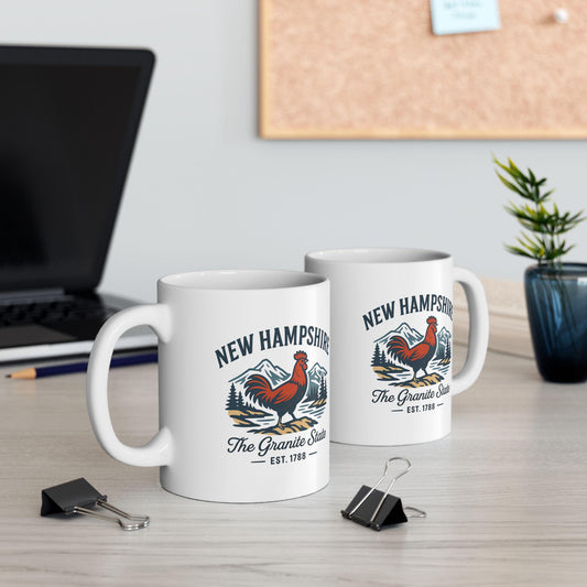 ColorFlow | New Hampshire The Granite State Mug | 15oz Ceramic Coffee Cup | Rooster and Mountain Design | New England Gift