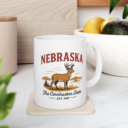 ColorFlow | Nebraska The Cornhusker State Mug | 15oz Ceramic Coffee Cup | Deer and Prairie Design | Midwest Gift