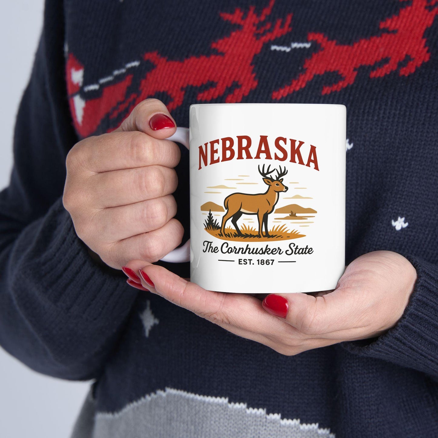 ColorFlow | Nebraska The Cornhusker State Mug | 15oz Ceramic Coffee Cup | Deer and Prairie Design | Midwest Gift