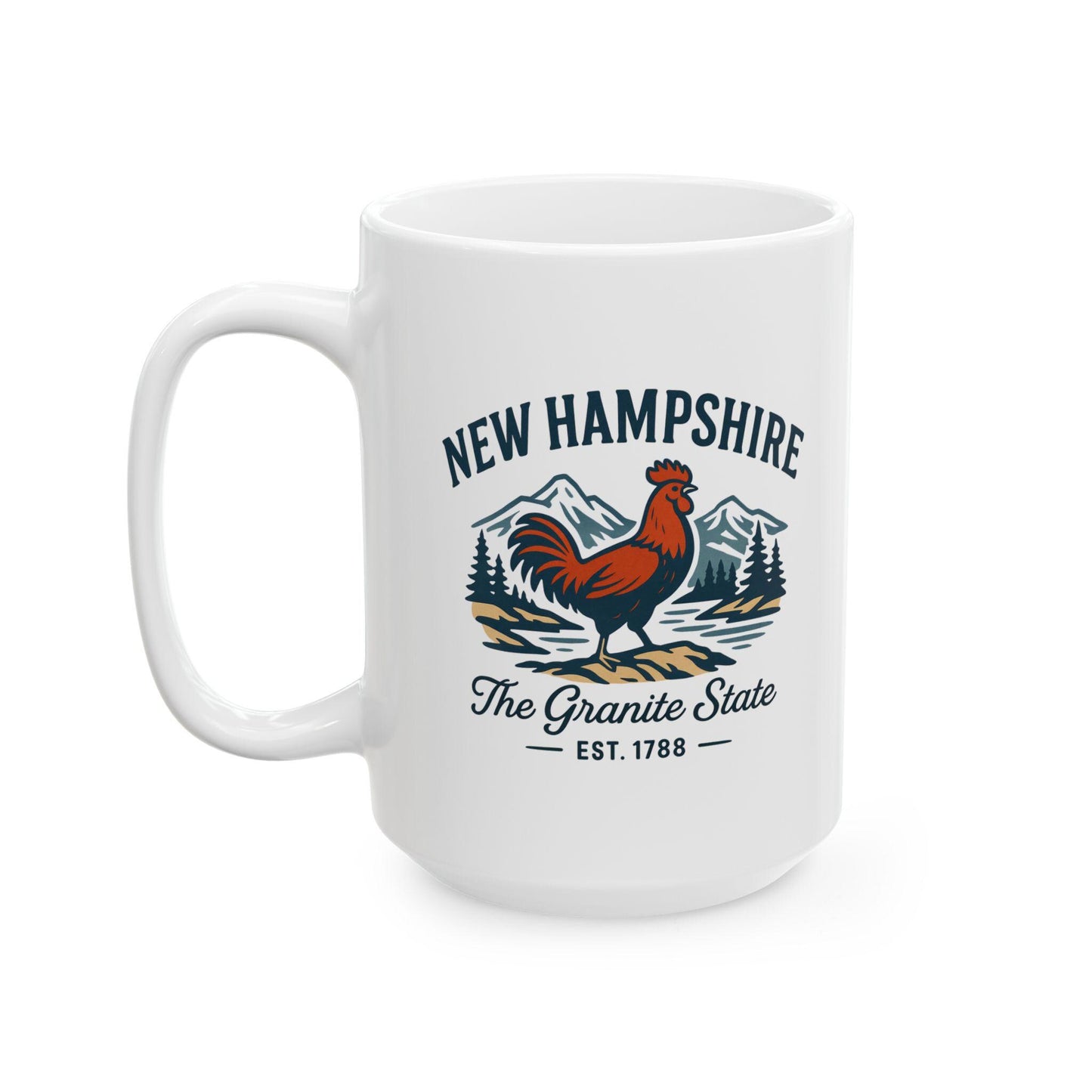 ColorFlow | New Hampshire The Granite State Mug | 15oz Ceramic Coffee Cup | Rooster and Mountain Design | New England Gift