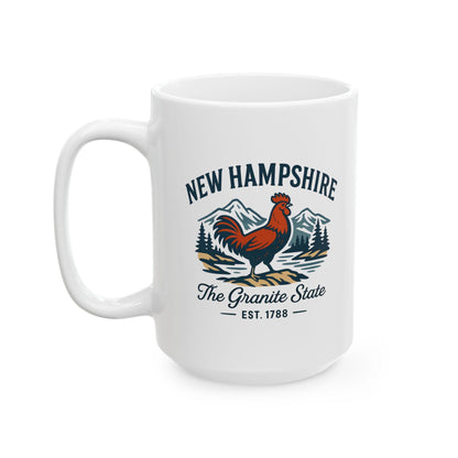 ColorFlow | New Hampshire The Granite State Mug | 15oz Ceramic Coffee Cup | Rooster and Mountain Design | New England Gift