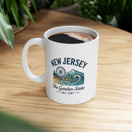 ColorFlow | New Jersey The Garden State Mug | 15oz Ceramic Coffee Cup | Boardwalk & Wave Design | Coastal Gift