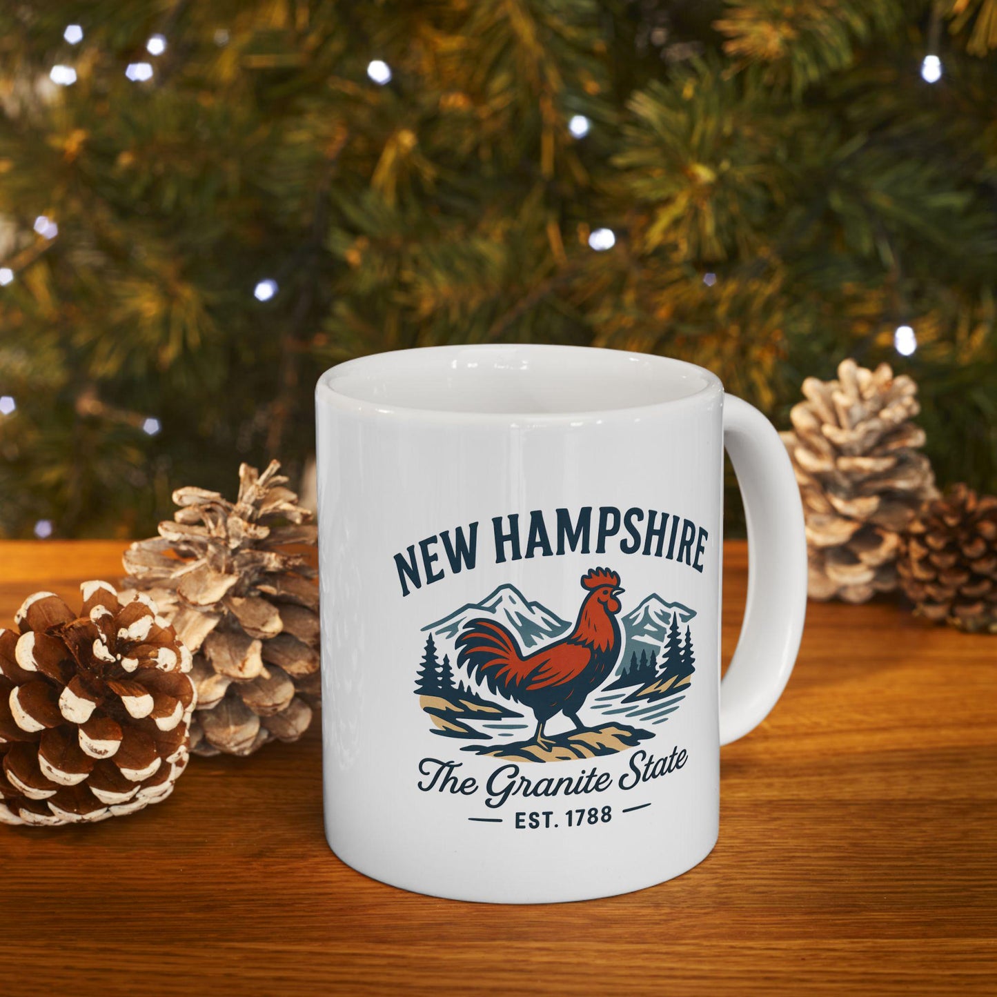 ColorFlow | New Hampshire The Granite State Mug | 15oz Ceramic Coffee Cup | Rooster and Mountain Design | New England Gift