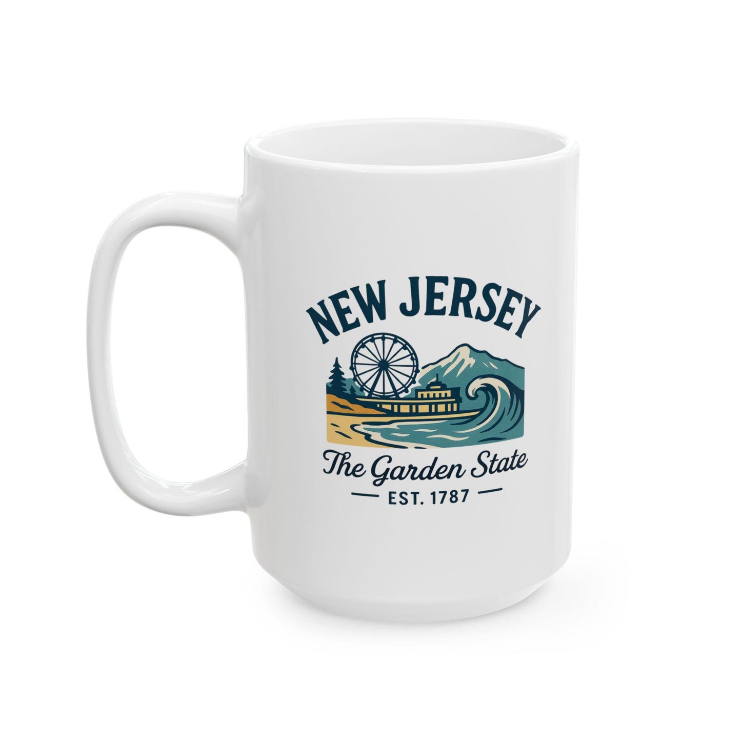 ColorFlow | New Jersey The Garden State Mug | 15oz Ceramic Coffee Cup | Boardwalk & Wave Design | Coastal Gift