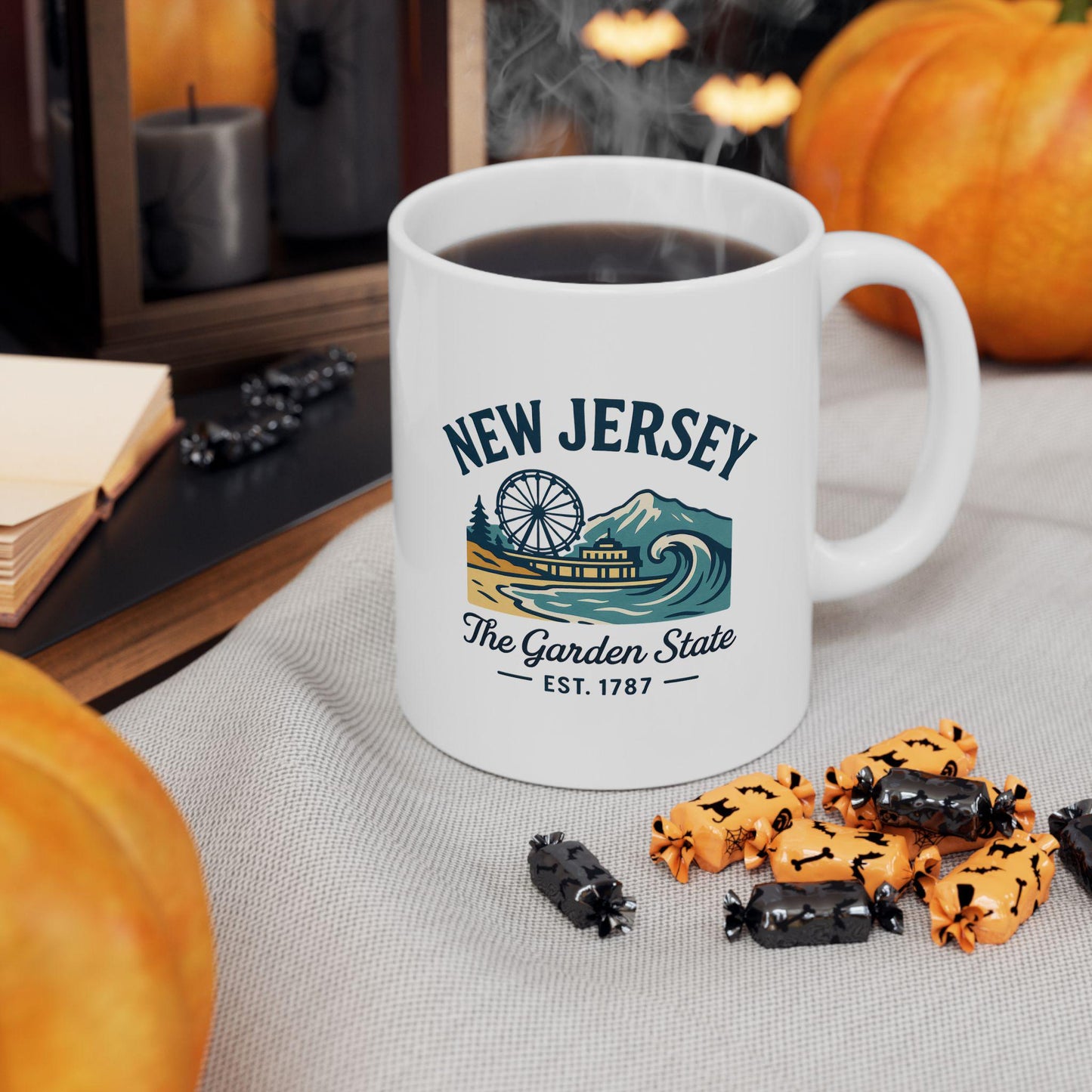 ColorFlow | New Jersey The Garden State Mug | 15oz Ceramic Coffee Cup | Boardwalk & Wave Design | Coastal Gift
