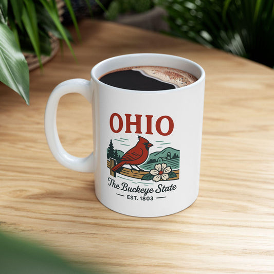 ColorFlow | Ohio The Buckeye State Mug | Cardinal State Bird Coffee Cup | Midwest Travel Gift | 15oz Ceramic Mug