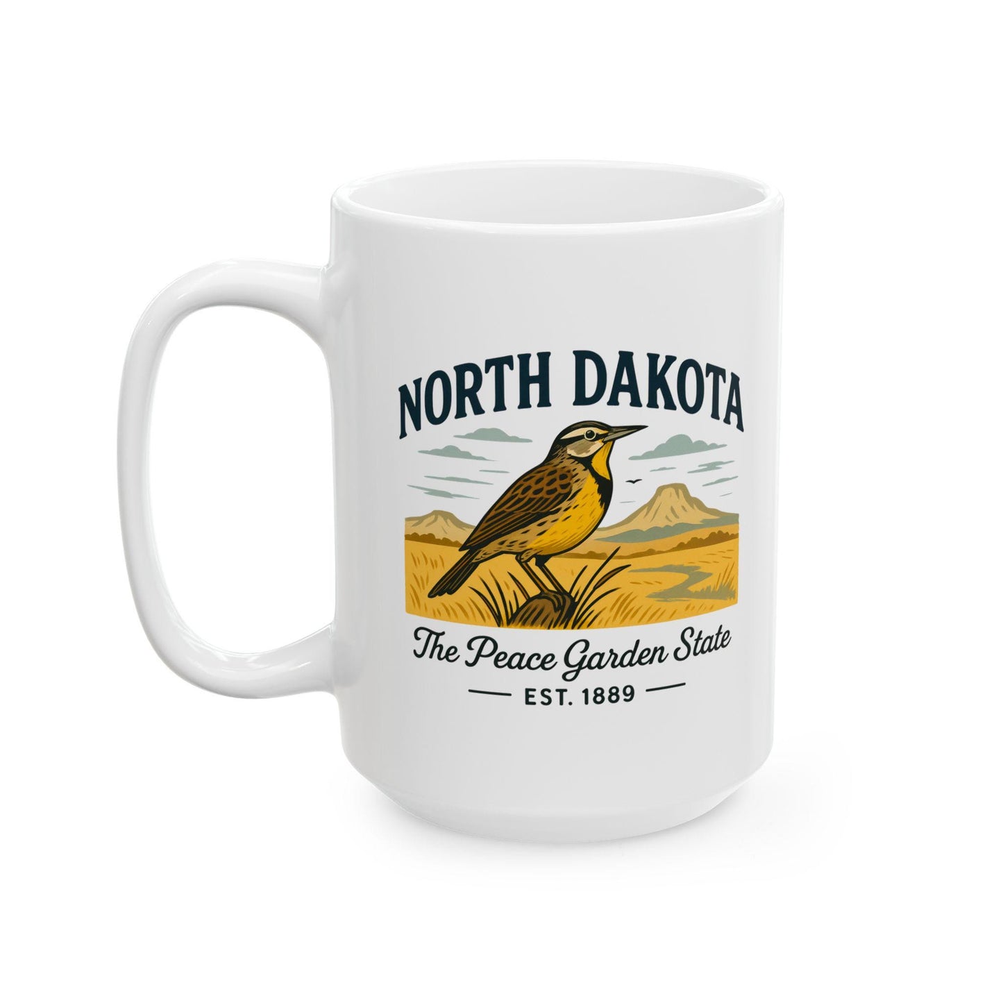 ColorFlow | North Dakota The Peace Garden State Mug | Western Meadowlark Coffee Cup | Prairie Travel Gift | 15oz Ceramic Mug