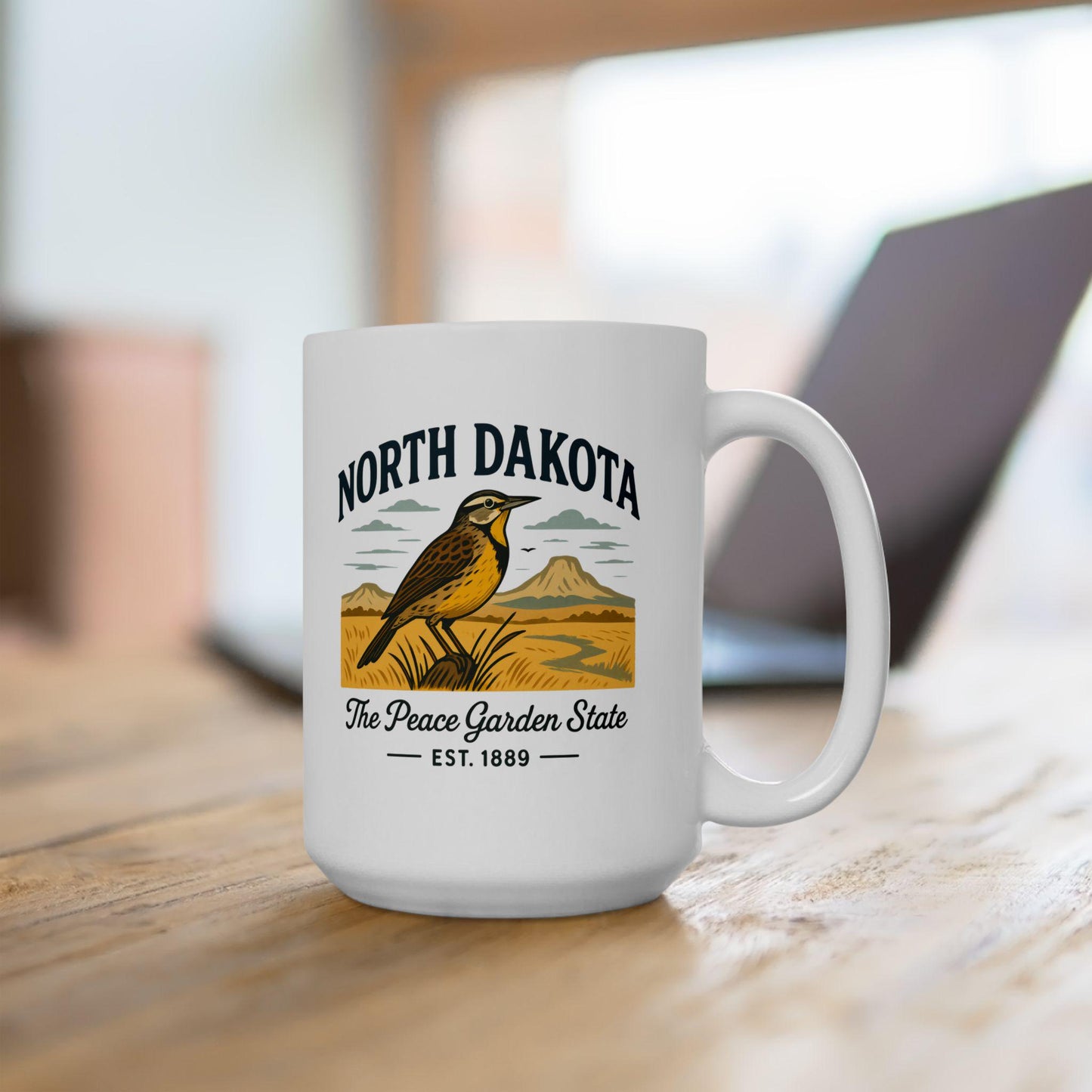 ColorFlow | North Dakota The Peace Garden State Mug | Western Meadowlark Coffee Cup | Prairie Travel Gift | 15oz Ceramic Mug
