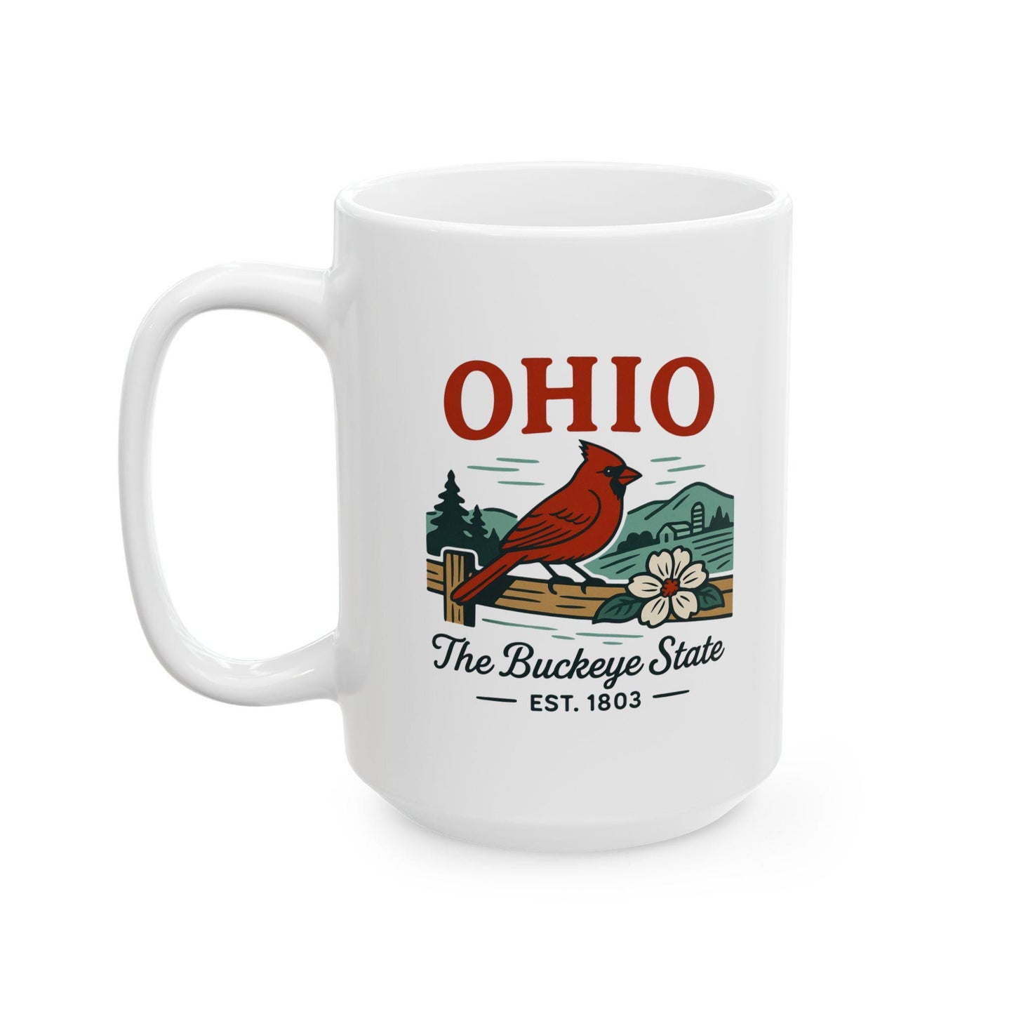 ColorFlow | Ohio The Buckeye State Mug | Cardinal State Bird Coffee Cup | Midwest Travel Gift | 15oz Ceramic Mug