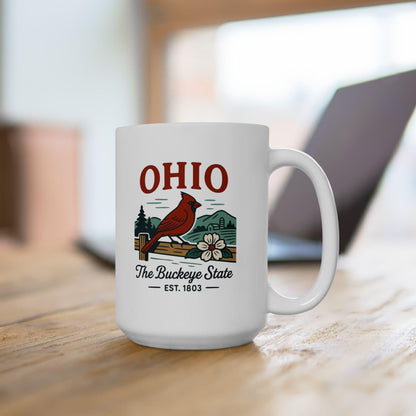 ColorFlow | Ohio The Buckeye State Mug | Cardinal State Bird Coffee Cup | Midwest Travel Gift | 15oz Ceramic Mug