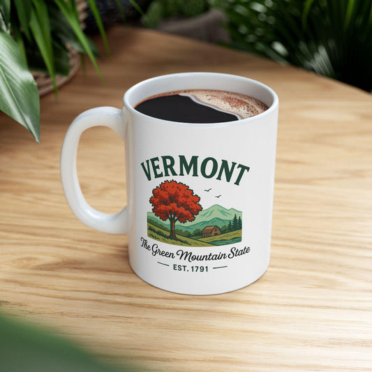 ColorFlow | Vermont The Green Mountain State Mug | Autumn Landscape Coffee Cup | 15 oz Ceramic Gift for Nature Lovers