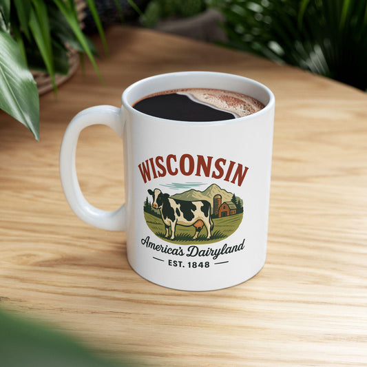 ColorFlow | Wisconsin Americas Dairyland Mug | 15oz Ceramic Coffee Cup | Vintage Cow Farm Design Gift for Coffee Lovers