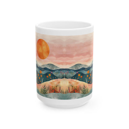 ColorFlow | Boho Mountain Sunset Mug | Artistic Landscape 15oz Ceramic Coffee Cup | Nature Sunrise Gift for Her