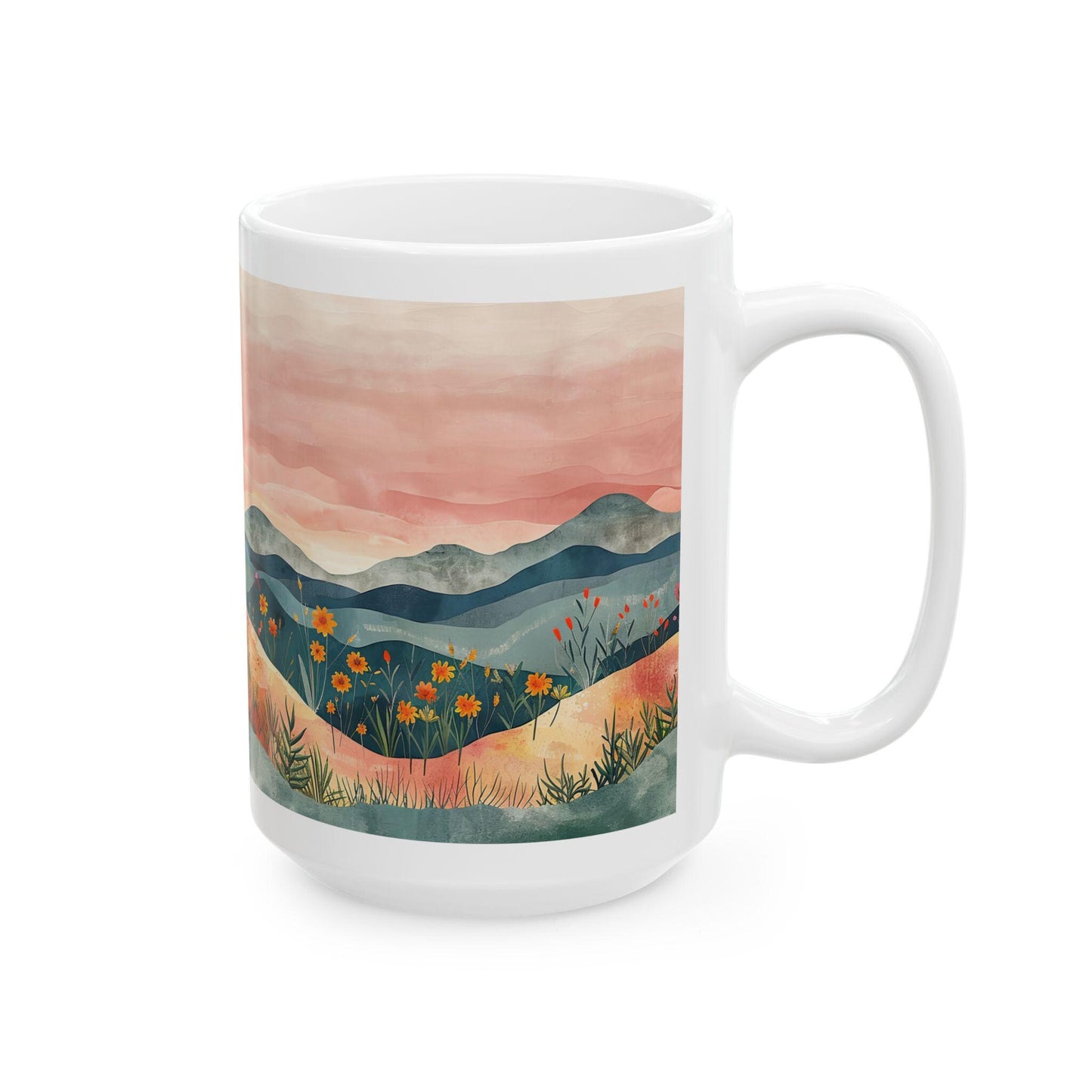 ColorFlow | Boho Mountain Sunset Mug | Artistic Landscape 15oz Ceramic Coffee Cup | Nature Sunrise Gift for Her