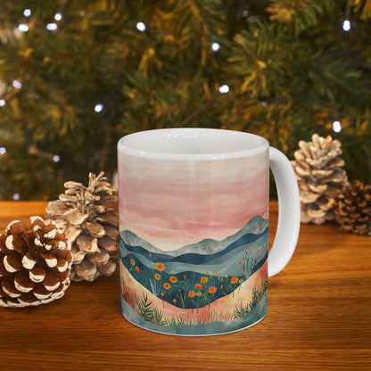 ColorFlow | Boho Mountain Sunset Mug | Artistic Landscape 15oz Ceramic Coffee Cup | Nature Sunrise Gift for Her