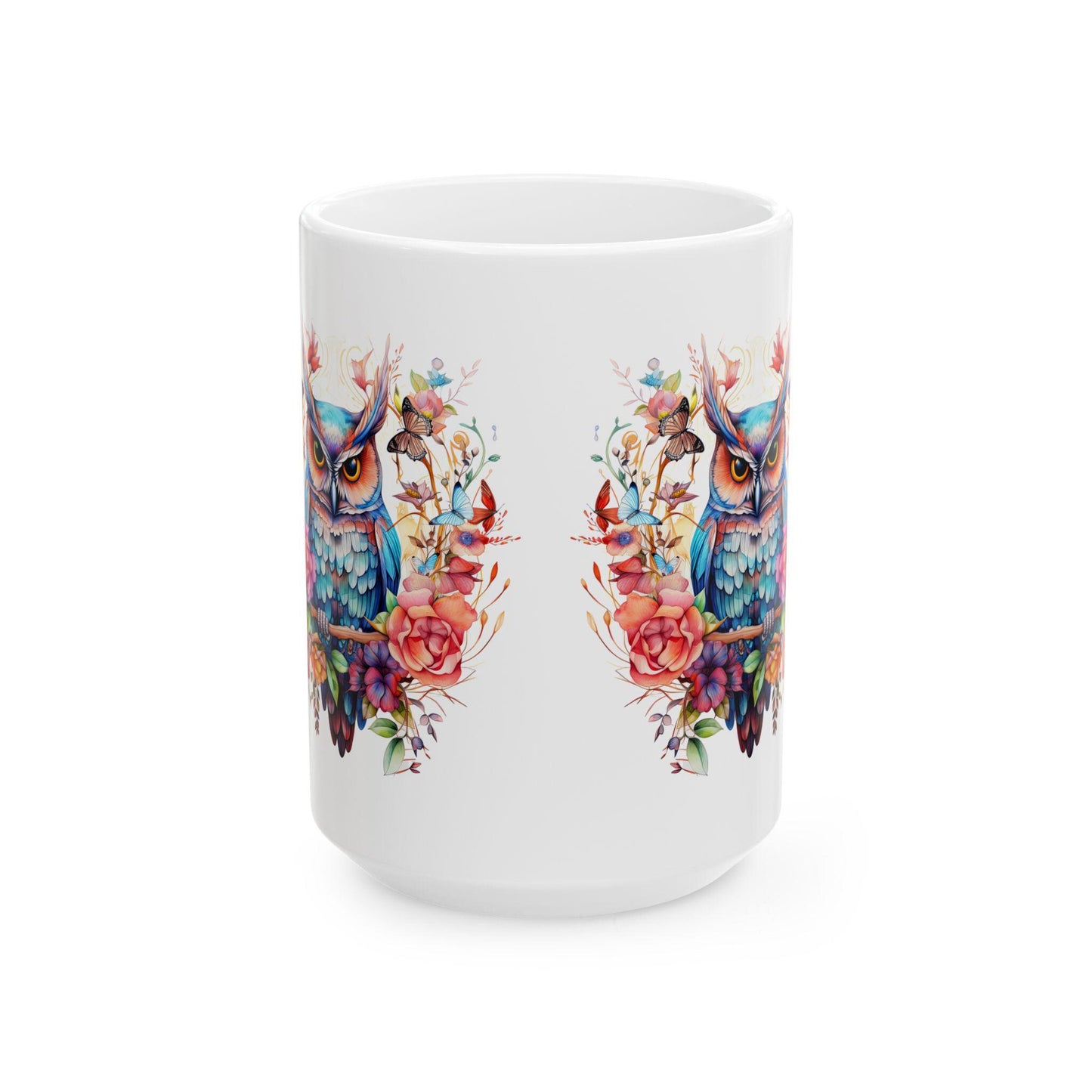 ColorFlow | Mystic Owl Mug | Vibrant Floral 15oz Ceramic Coffee Cup | Whimsical Art Gift for Owl Lovers and Collectors