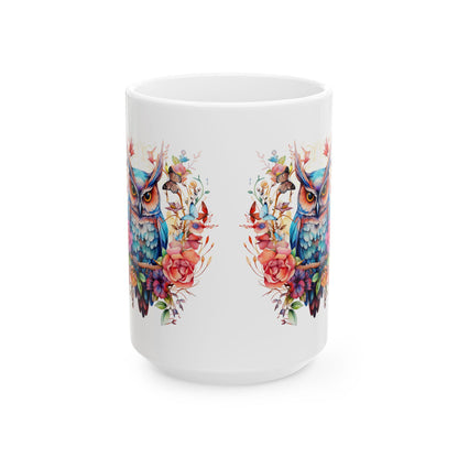 ColorFlow | Mystic Owl Mug | Vibrant Floral 15oz Ceramic Coffee Cup | Whimsical Art Gift for Owl Lovers and Collectors