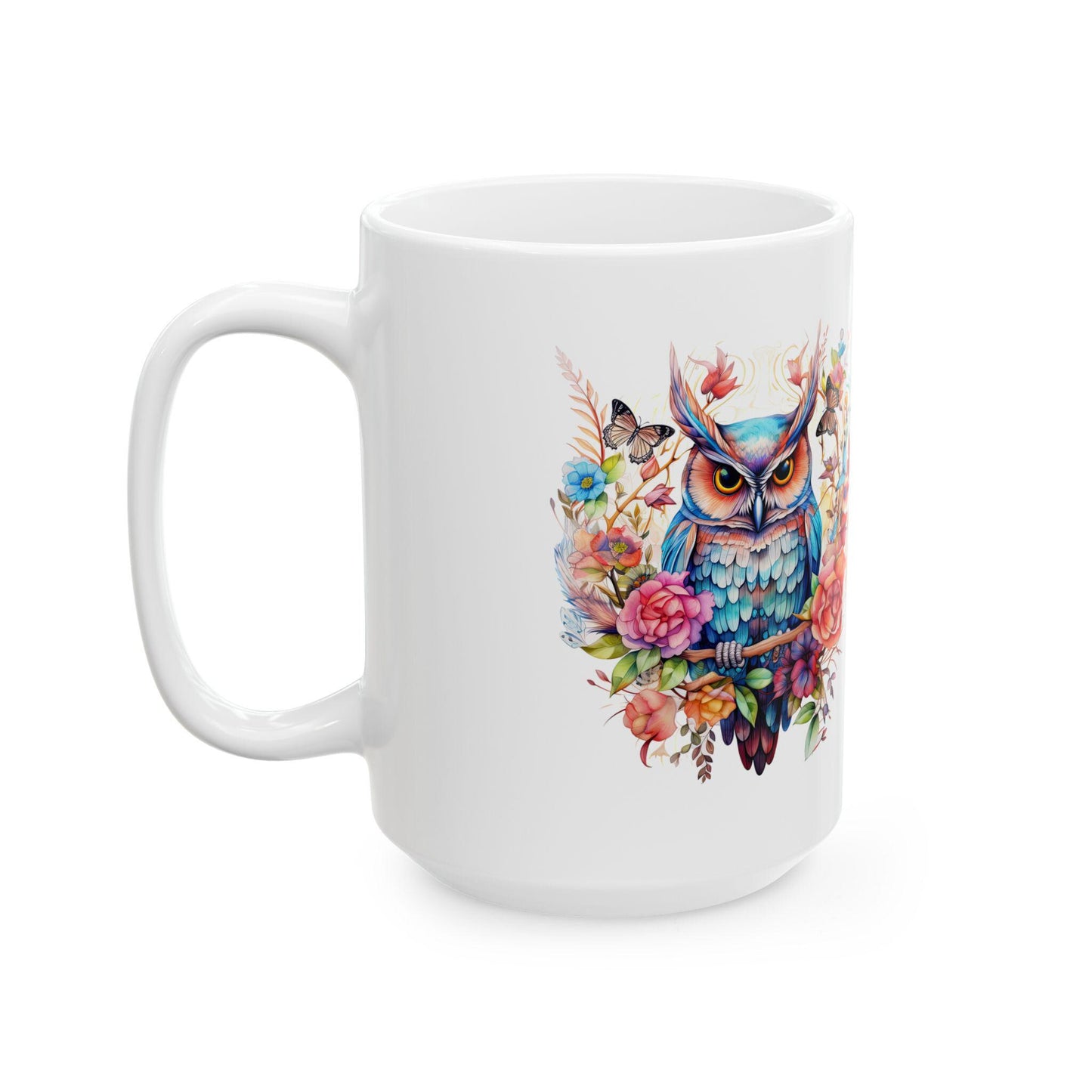ColorFlow | Mystic Owl Mug | Vibrant Floral 15oz Ceramic Coffee Cup | Whimsical Art Gift for Owl Lovers and Collectors