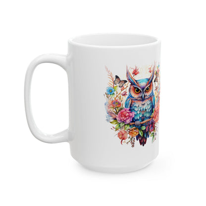ColorFlow | Mystic Owl Mug | Vibrant Floral 15oz Ceramic Coffee Cup | Whimsical Art Gift for Owl Lovers and Collectors