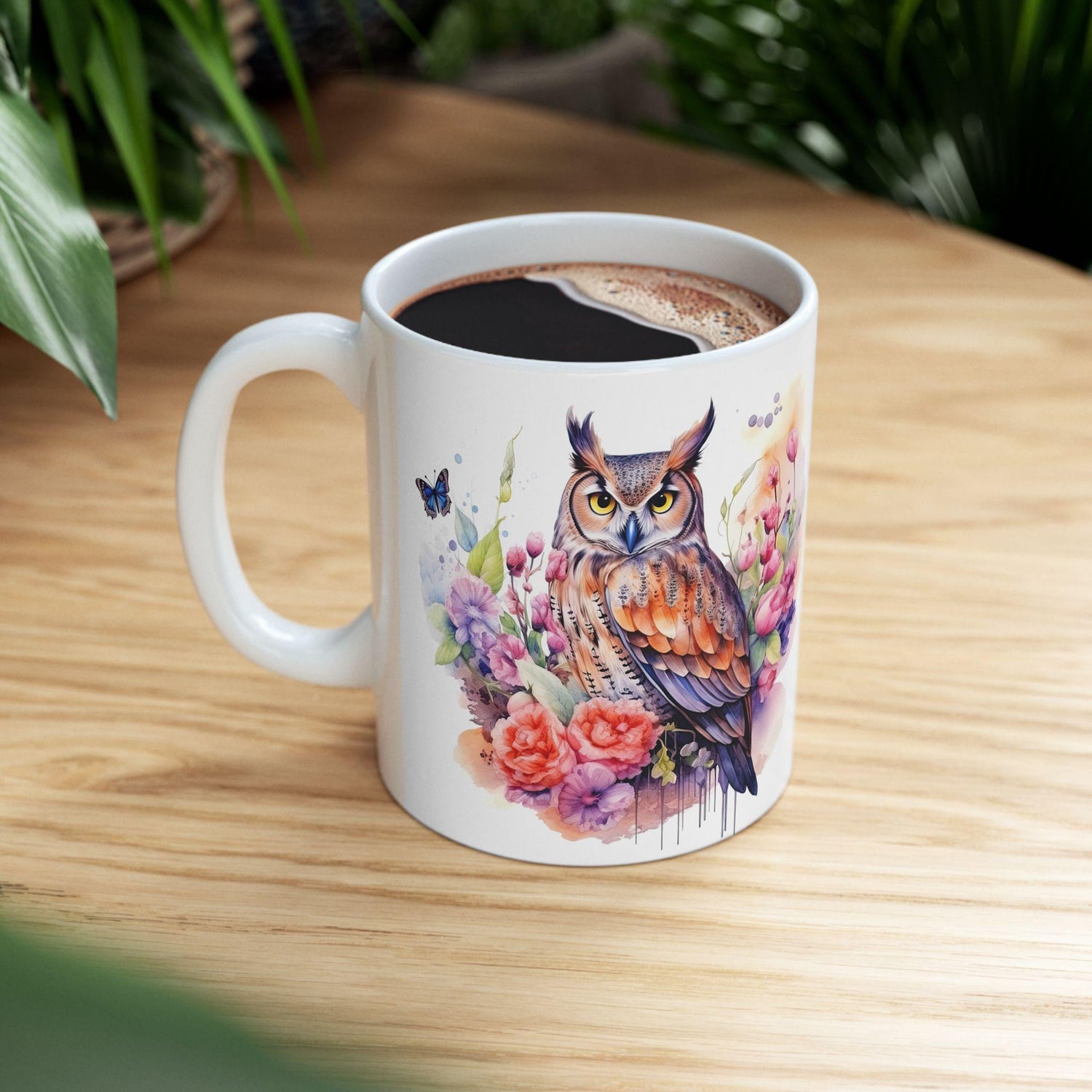 ColorFlow | Serene Owl Mug | Elegant Floral 15oz Ceramic Coffee Cup | Artistic Nature Gift for Owl Lovers and Dreamers