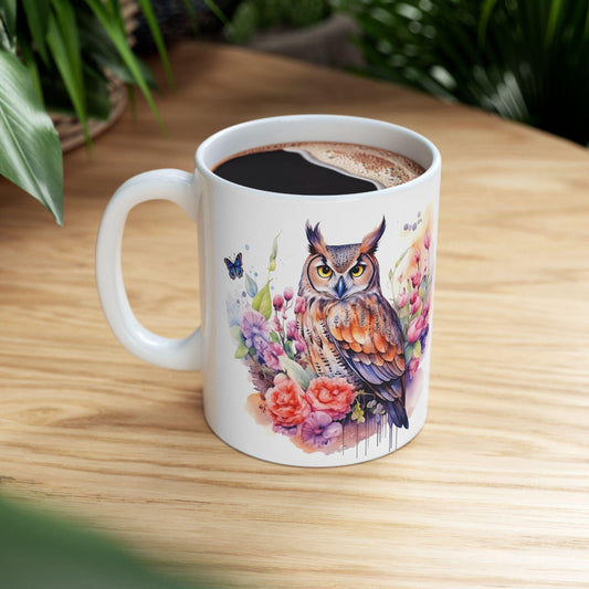 ColorFlow | Serene Owl Mug | Elegant Floral 15oz Ceramic Coffee Cup | Artistic Nature Gift for Owl Lovers and Dreamers