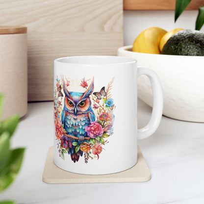 ColorFlow | Mystic Owl Mug | Vibrant Floral 15oz Ceramic Coffee Cup | Whimsical Art Gift for Owl Lovers and Collectors
