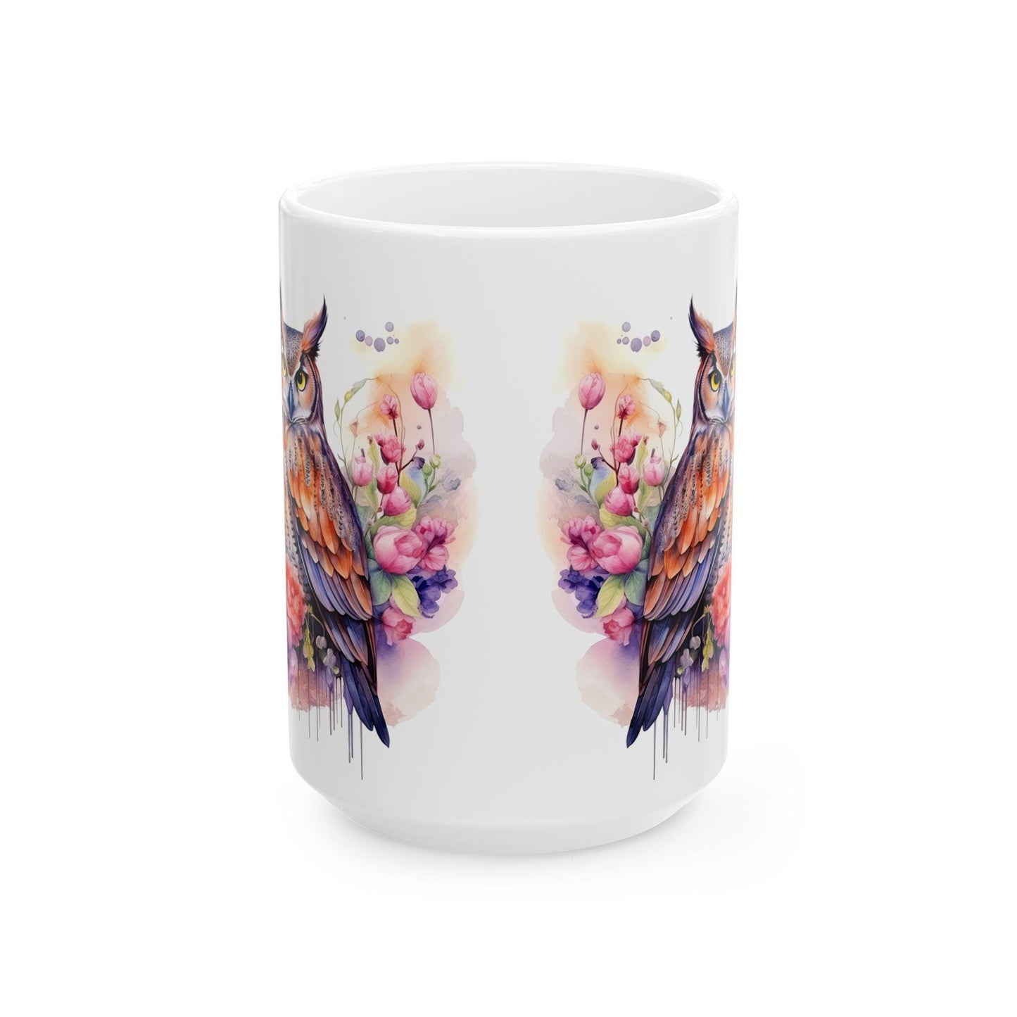 ColorFlow | Serene Owl Mug | Elegant Floral 15oz Ceramic Coffee Cup | Artistic Nature Gift for Owl Lovers and Dreamers