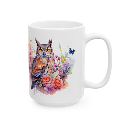 ColorFlow | Serene Owl Mug | Elegant Floral 15oz Ceramic Coffee Cup | Artistic Nature Gift for Owl Lovers and Dreamers