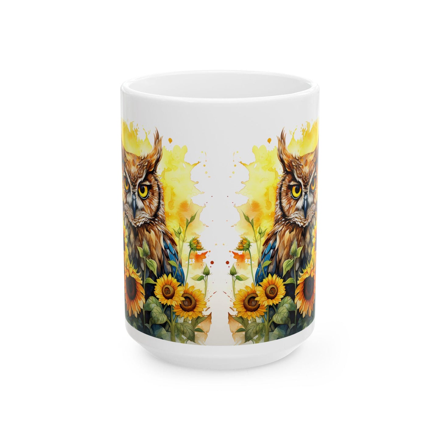 ColorFlow | Sunflower Owl Mug | Vibrant Yellow 15oz Ceramic Coffee Cup | Boho Nature Gift for Owl Lovers and Teachers